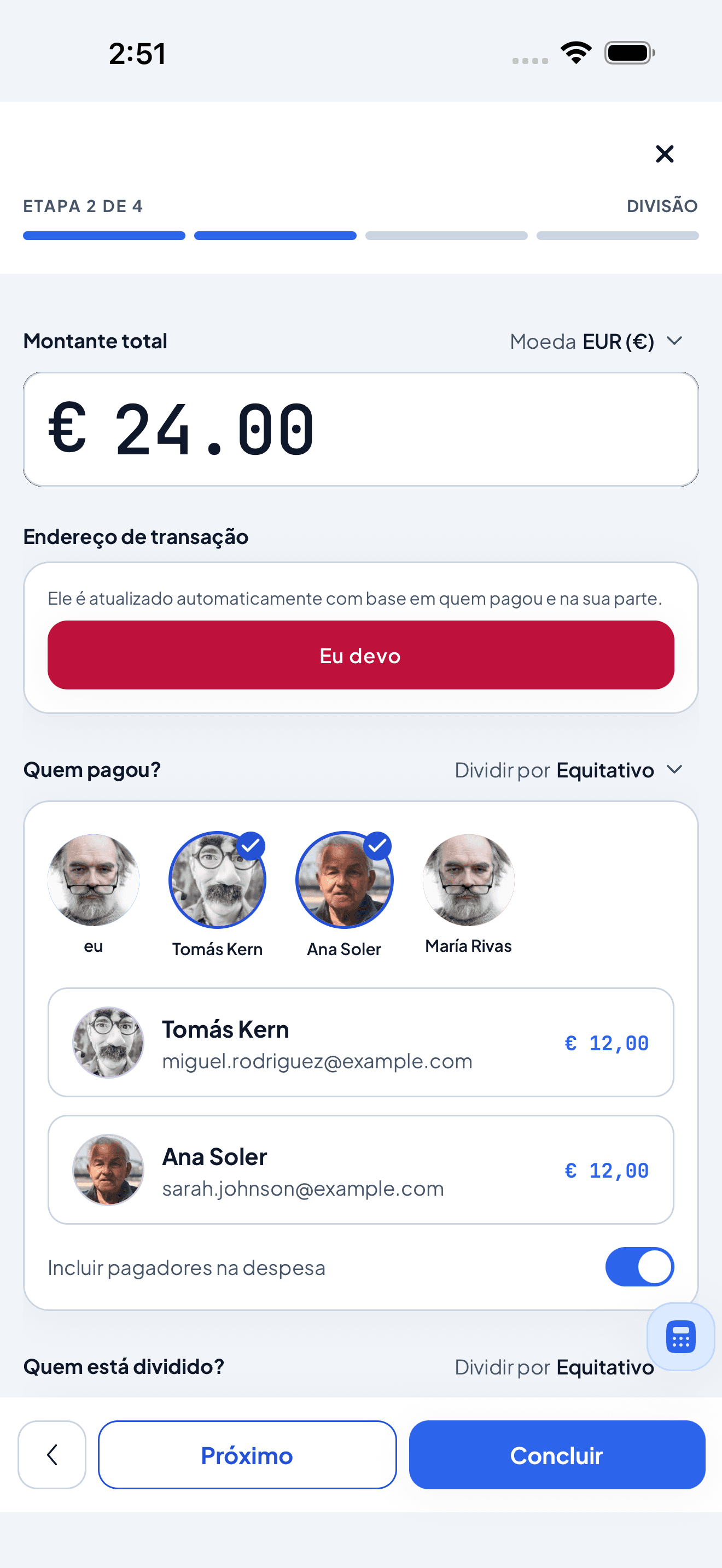 formulário de dívida na etapa de divisão