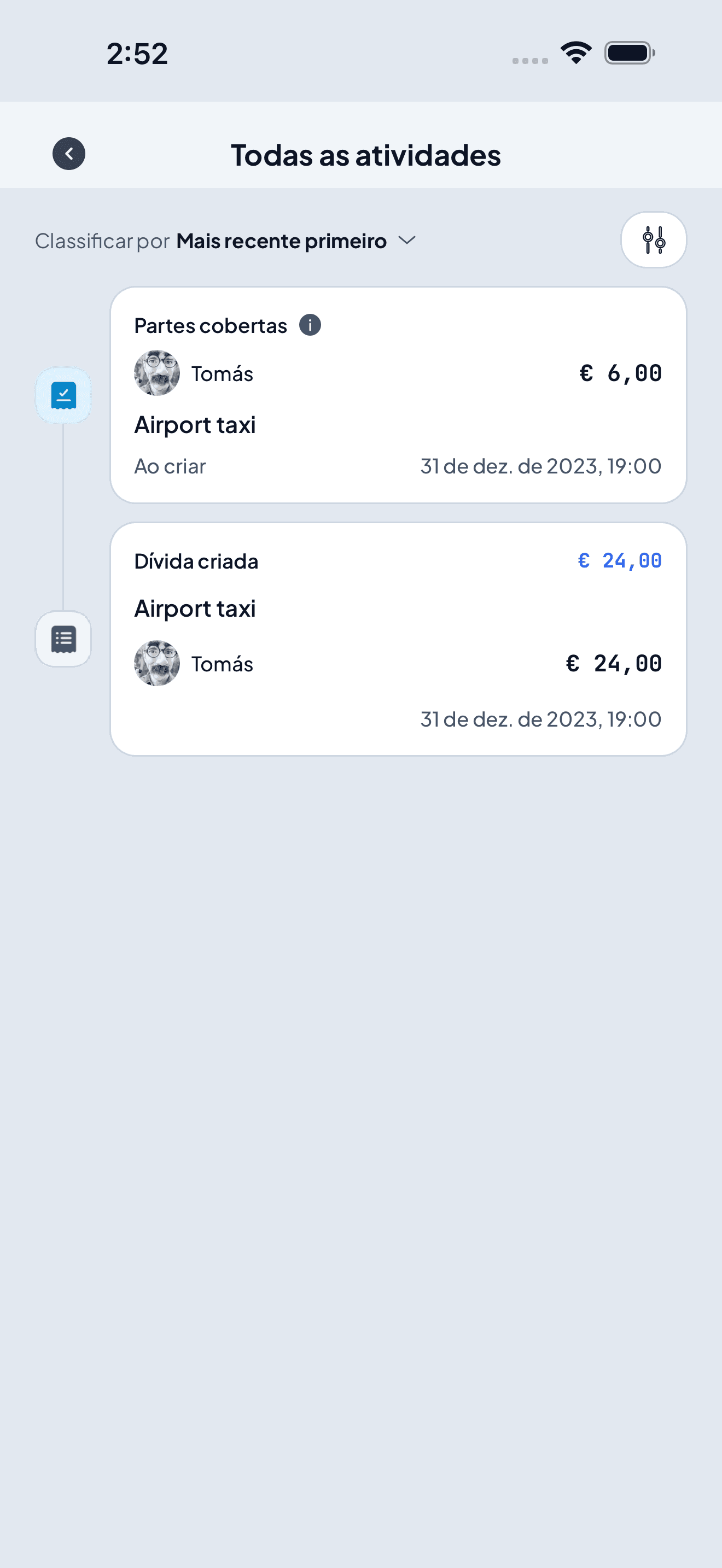 linha do tempo de toda a atividade