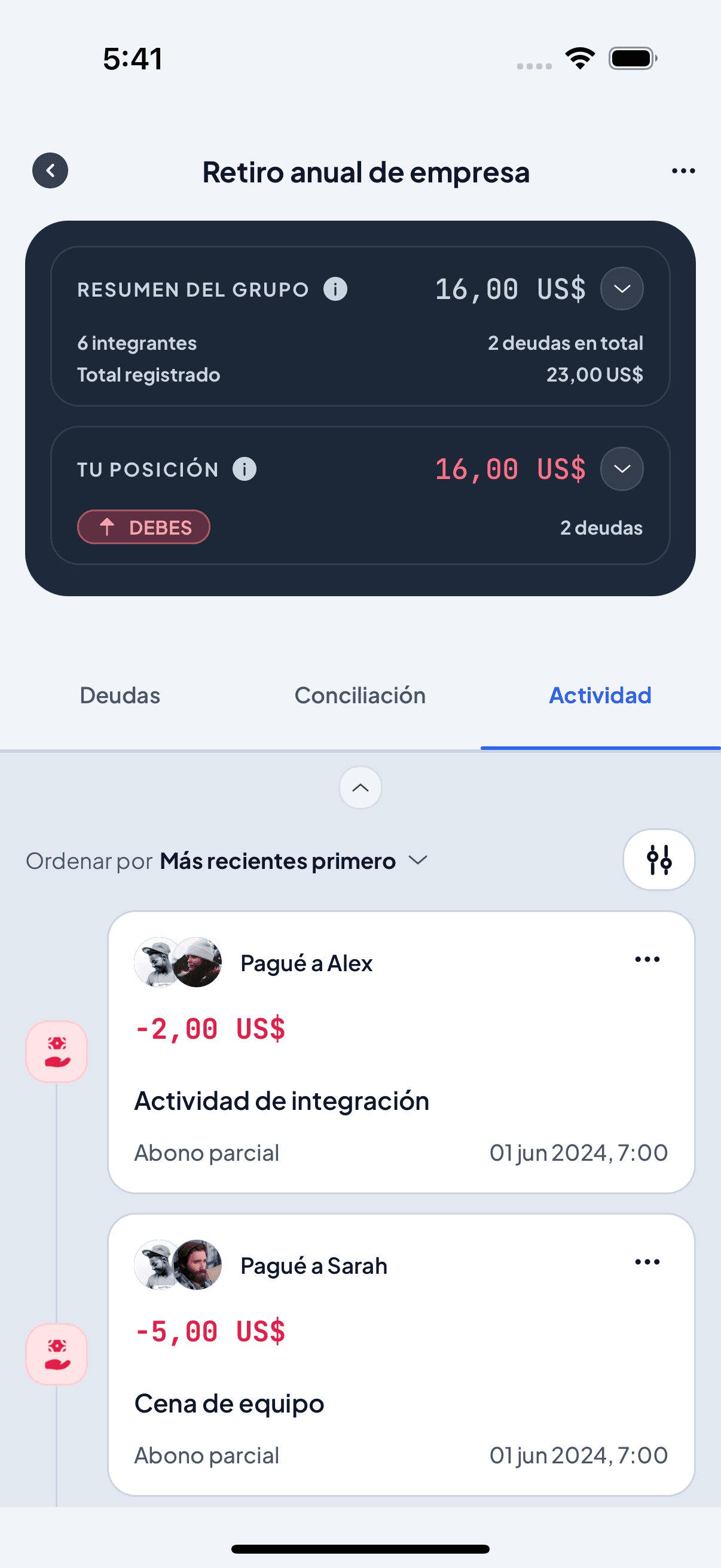 Pantalla real de Actividad del grupo Retiro anual de empresa en Debtly