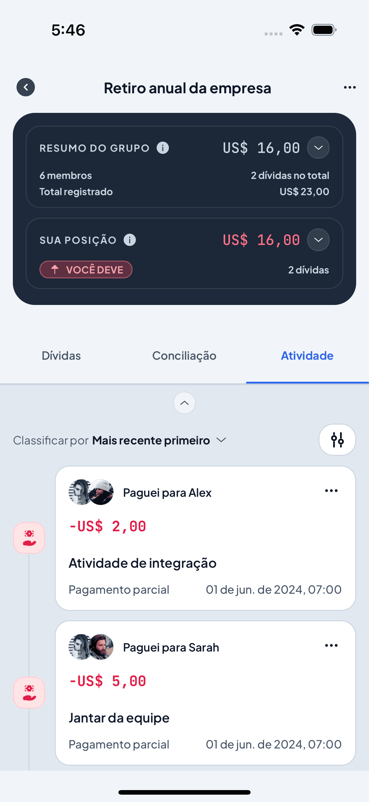 Tela real de Atividade do grupo Retiro anual da empresa no Debtly