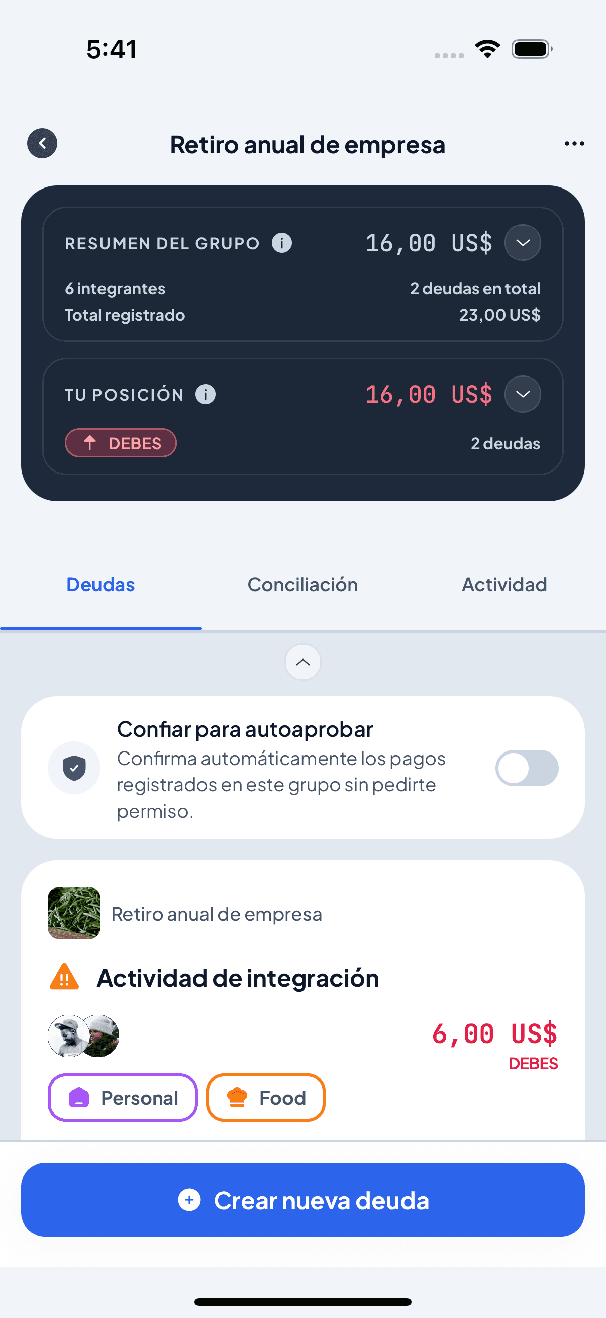 Pantalla real de Deudas del grupo Retiro anual de empresa en Debtly