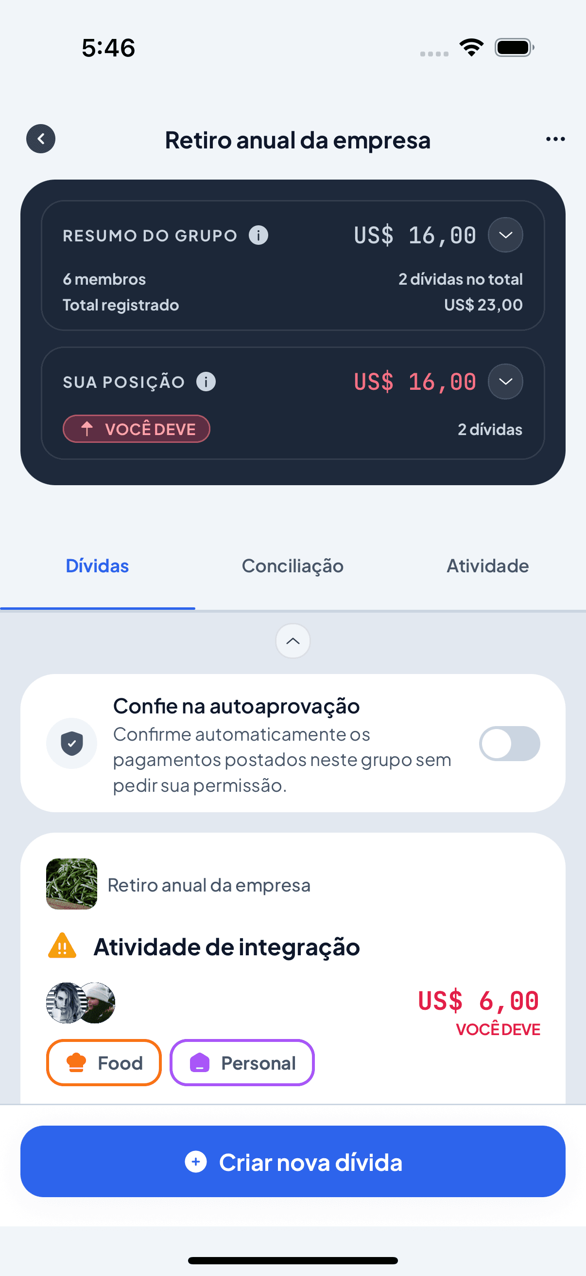 Tela real de Dívidas do grupo Retiro anual da empresa no Debtly