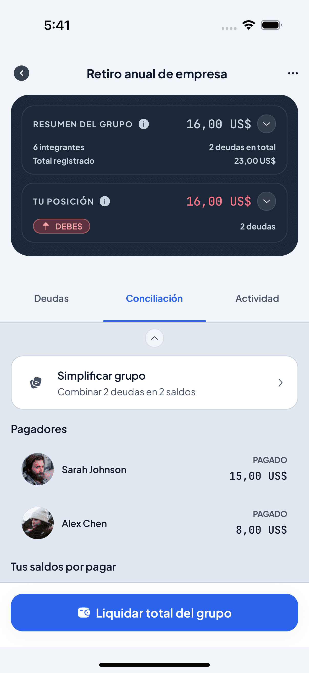 Pantalla real de Conciliación del grupo Retiro anual de empresa en Debtly