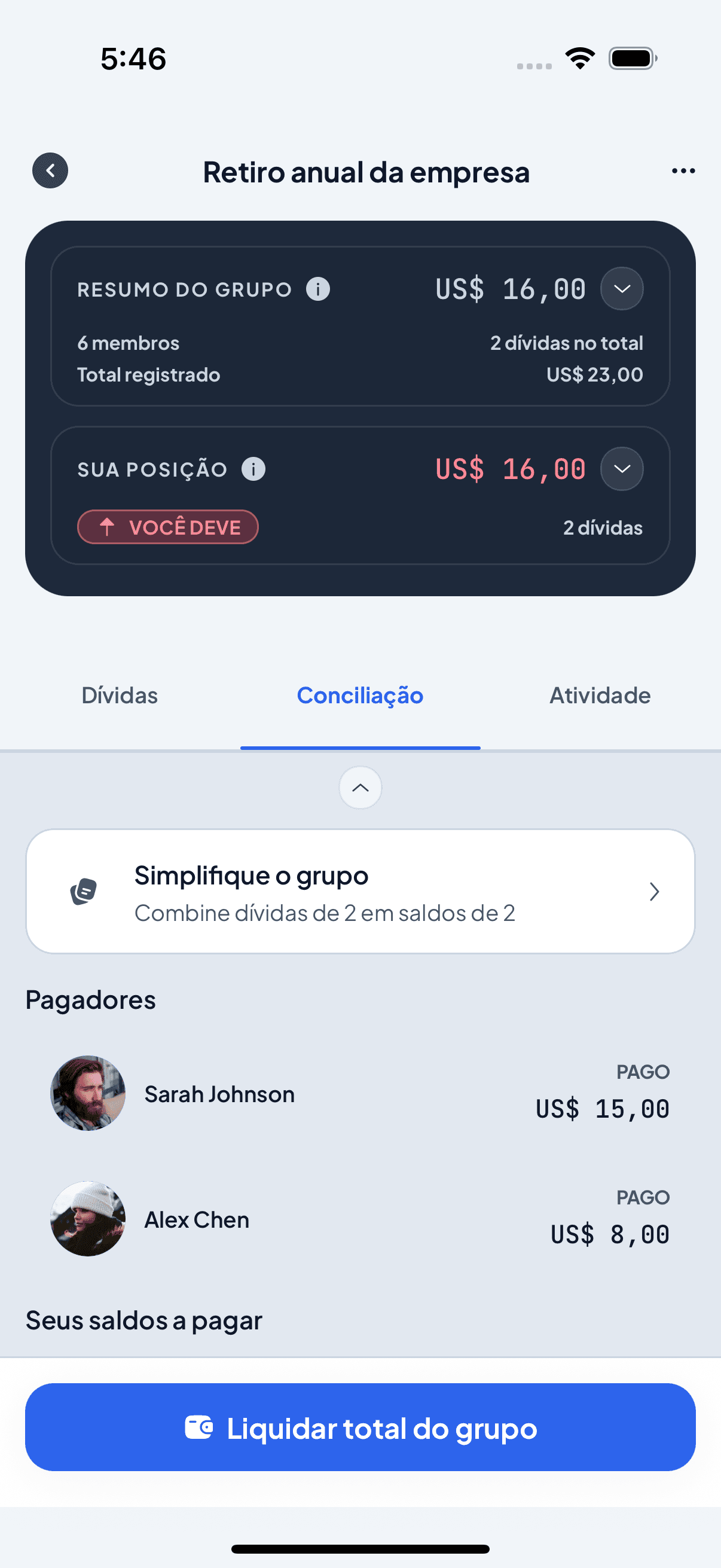 Tela real de Conciliação do grupo Retiro anual da empresa no Debtly