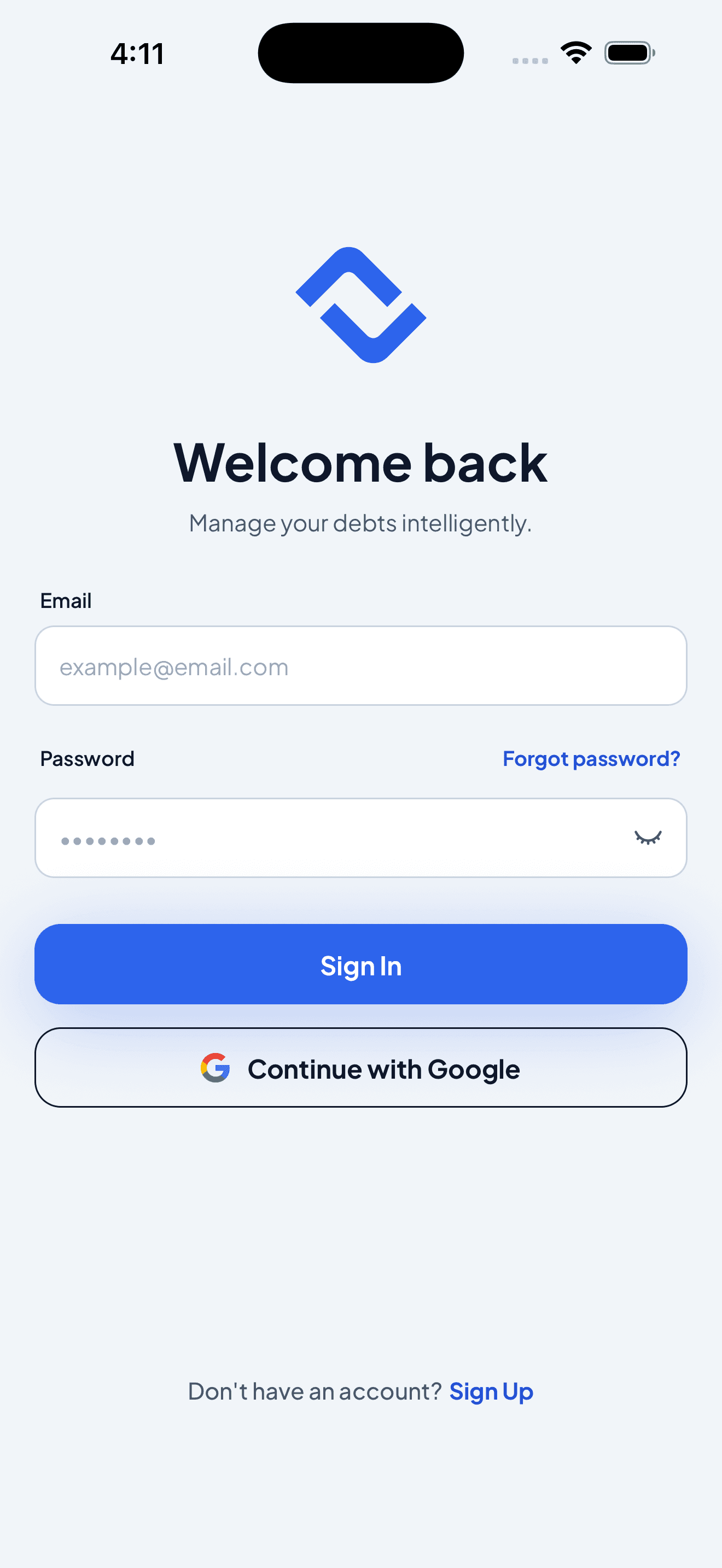 Debtly login screen with the blue brand glyph