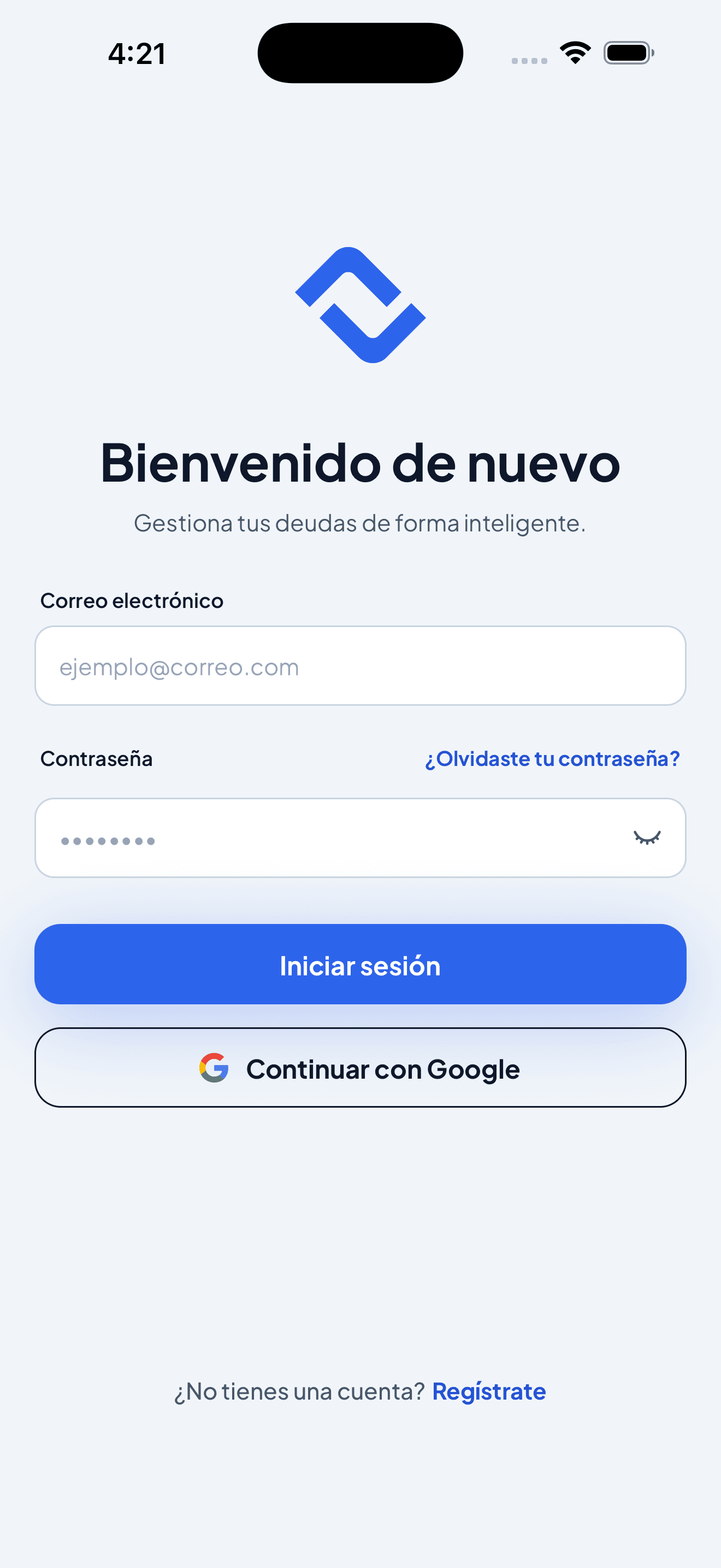 Pantalla de inicio de sesión de Debtly con el glifo azul de la marca