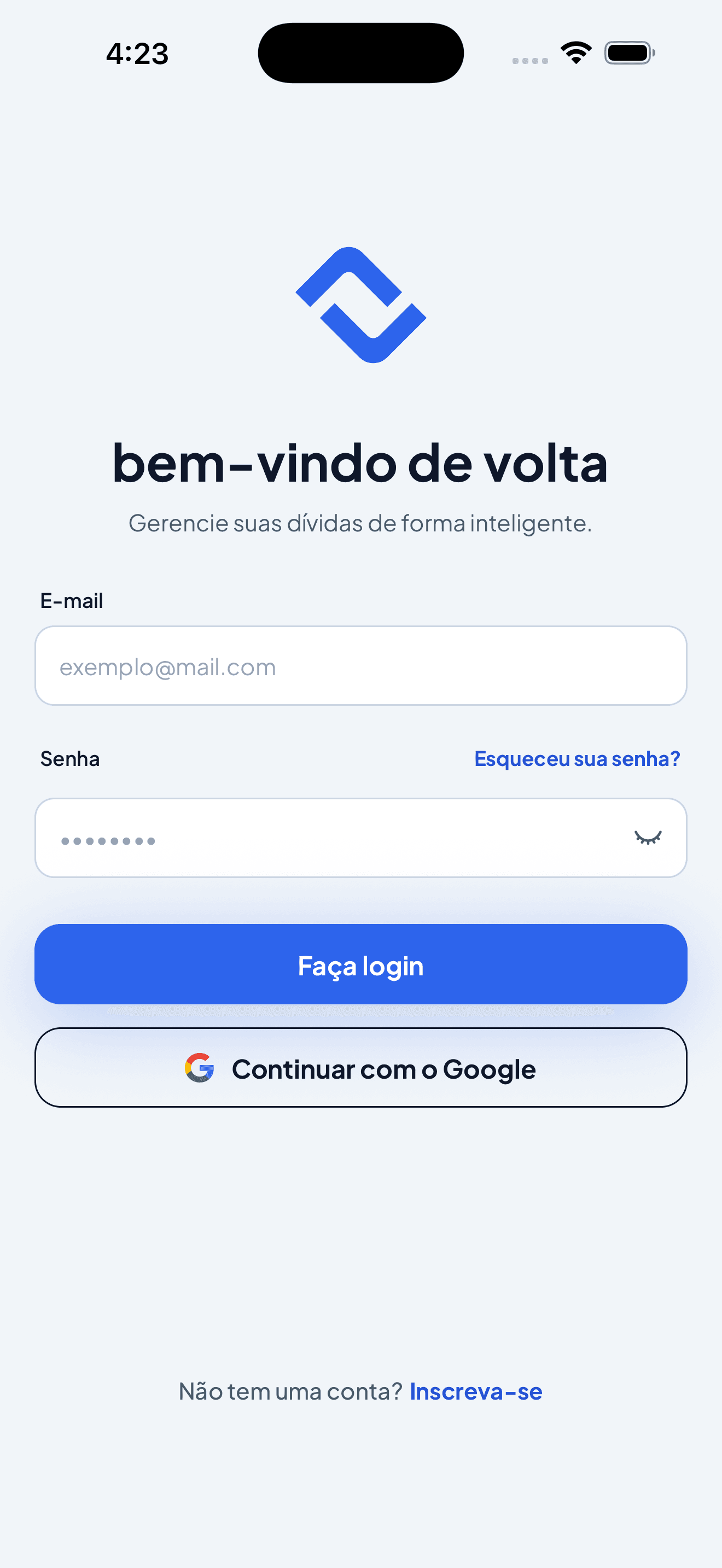 Tela de login do Debtly com o ícone azul da marca
