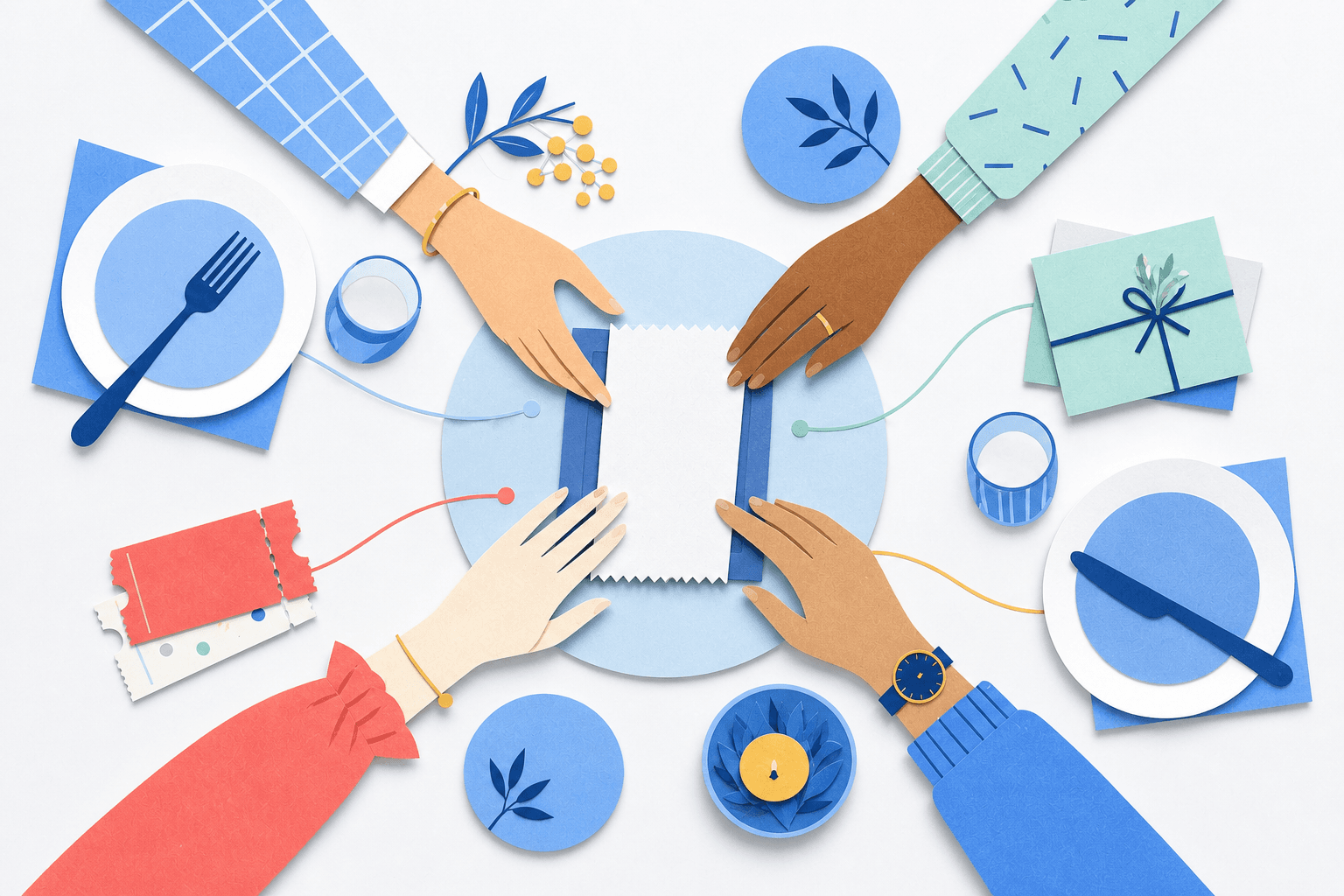 Editorial illustration of an event table with tickets, a shared bill, and participants