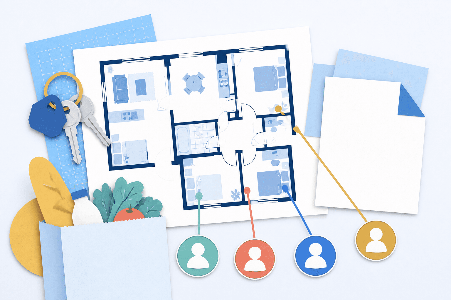 Editorial illustration of a shared home floor plan with connected household expenses