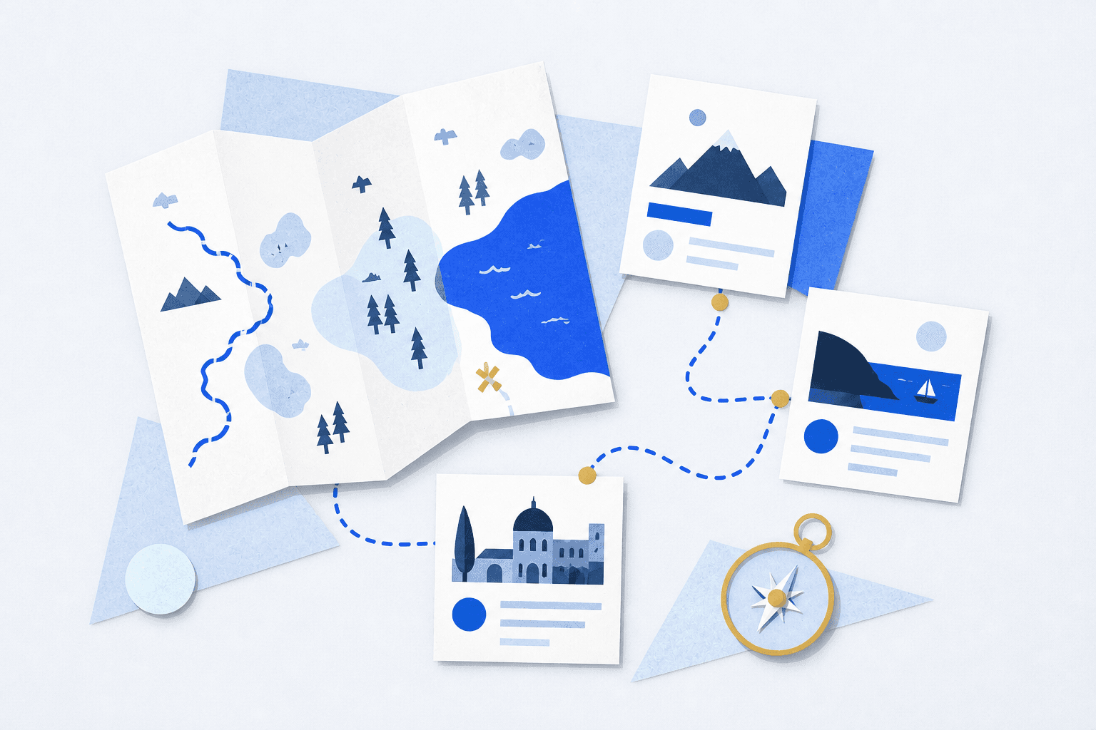 Editorial illustration of a shared trip route, map cards, and connected expenses